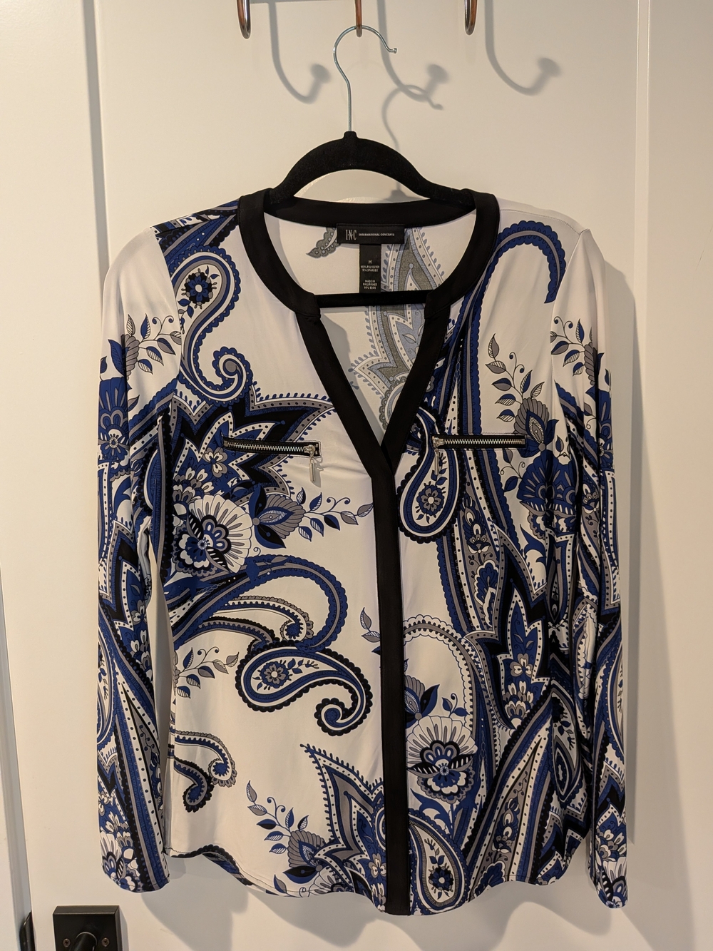 INC International Concepts White and Blue Paisley Zip-Front Blouse Jacket